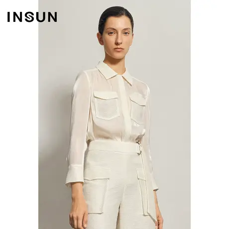 INSUN恩裳夏季直身型口袋微透百搭衬衫图片