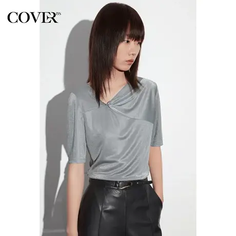 COVER夏季银丝醋酸不规则领弹力针织衫图片