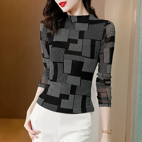 加绒加厚半高领打底衫女秋冬网纱印花T恤长袖显瘦漂亮上衣妈妈装商品大图