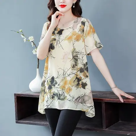 大码中长款雪纺衫女夏季2023新款短袖宽松女上衣胖mm显瘦遮肉小衫商品大图