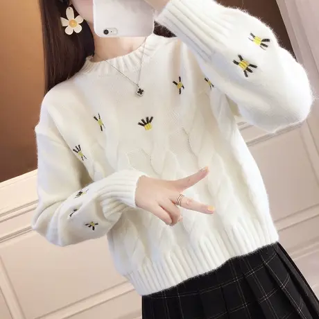 毛衣女外穿2023年秋冬新款慵懒风宽松百搭洋气短款刺绣针织衫上衣图片