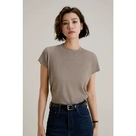 弥古咖色针织短袖t恤女高级感显瘦黑色上衣夏季法式收腰打底内搭图片