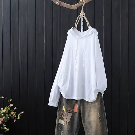 文艺范连帽抽绳纯色长袖T恤女装新品宽松百搭休闲全棉打底体恤衫商品大图