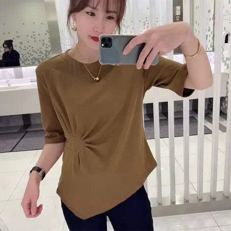 针织棉T恤女士短袖早春打底衫2023新款不规则宽松t恤七分袖上衣潮商品大图