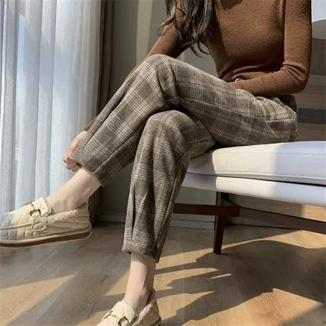 羊绒毛呢裤女秋冬2023新款阔腿宽松休闲直筒加厚九分格子哈伦裤子商品大图