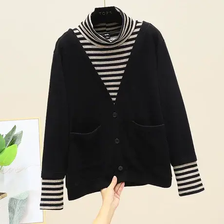 2023年早秋季百搭外套上衣圆高领条纹上衣拼接假两件宽松休闲卫衣商品大图