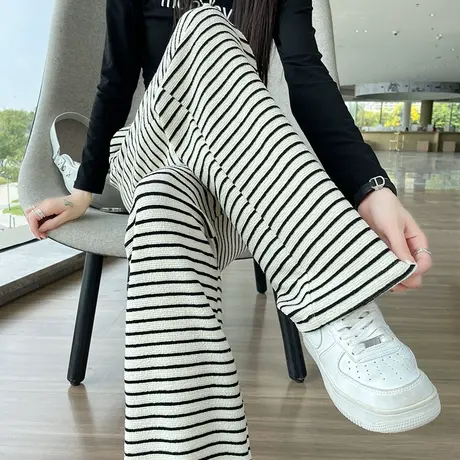 条纹直筒针织休闲裤女秋冬羊绒高腰毛巾绒显瘦宽松垂感拖地阔腿裤商品大图