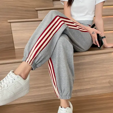 灰色运动裤女束脚2024年春秋新款高腰宽松显瘦九分休闲条纹卫裤潮商品大图
