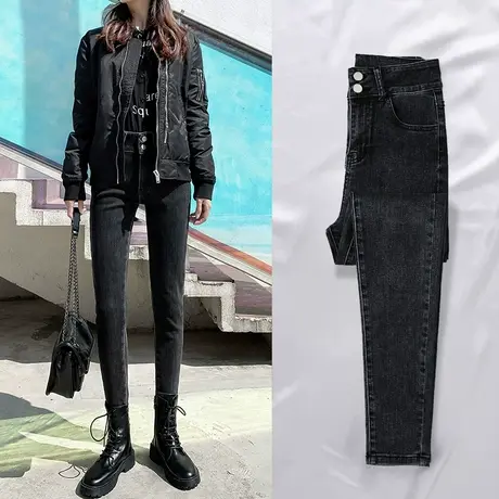 烟灰色小脚牛仔裤子女春秋2023年新款高腰显瘦紧身女士弹力铅笔裤商品大图