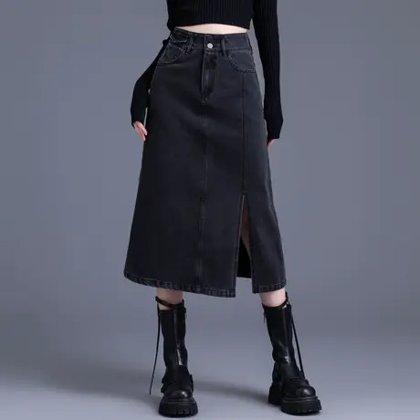 黑色牛仔半身裙女2024新款春秋季中长款包臀裙子显瘦a字高腰开叉图片
