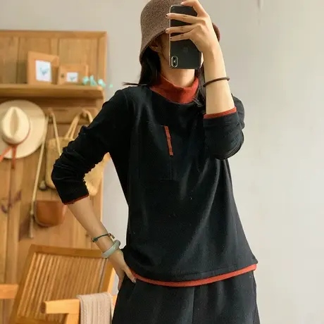 dza复古宽松假两件高领长袖T恤女秋冬时尚洋气内搭上衣漂亮打底衫商品大图