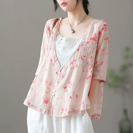 dza 复古气质苎麻上衣女士开衫夏季新款漂亮衬衫宽松短袖棉麻衬衣商品大图