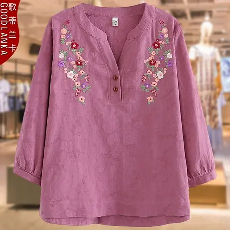 七分袖棉麻绣花上衣2022早秋新款中老年妈妈装加肥加大码宽松小衫图片