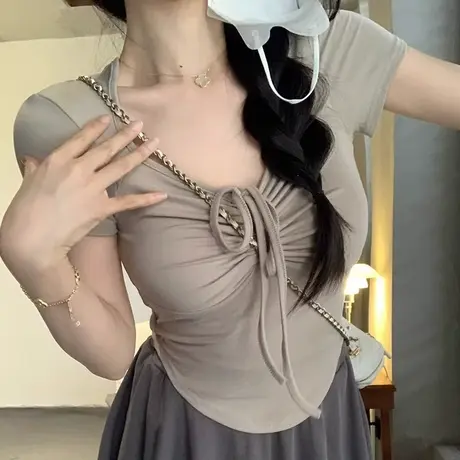 纯欲甜辣妹纯色短袖T恤女装夏季不规则抽绳绑带设计感小众v领上衣商品大图