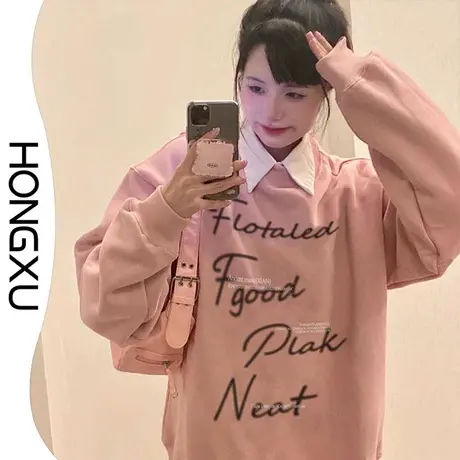 红续2023年秋冬粉色字母印花圆领卫衣女chic港风宽松加绒加厚上衣商品大图