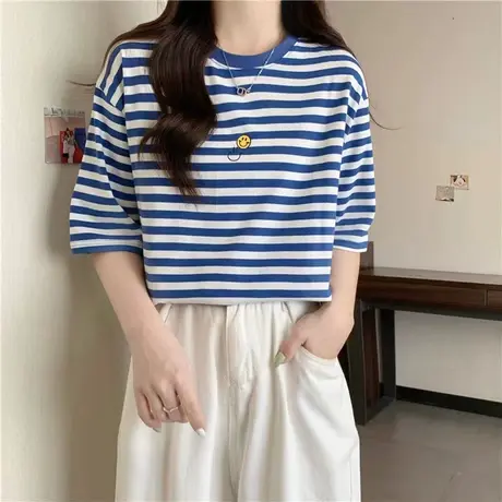 ins超火条纹短袖t恤女夏季学生宽松潮韩版半袖2024年新款百搭上衣商品大图