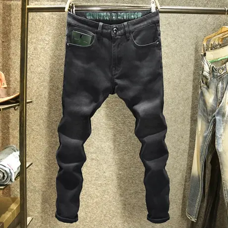 秋季黑色牛仔裤男款舒适休闲修身小脚裤高端个性表袋设计裤子男装商品大图