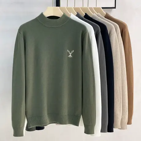 秋冬季半高领毛衣男宽松刺绣加绒加厚毛衫男士白色打底中领针织衫商品大图