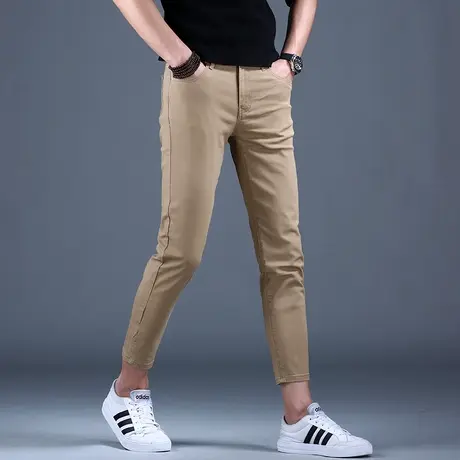 男士卡其色九分牛仔裤男秋冬男款2023新款修身小脚高端休闲裤子弹商品大图