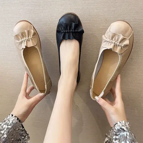 春秋法式浅口单鞋2023软皮软底豆豆鞋休闲舒适通勤中年妈妈鞋皮鞋商品大图