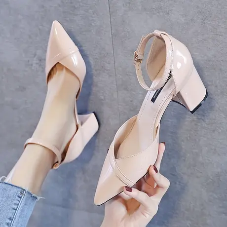 高跟鞋女2024年新款韩版百搭漆皮中空一字扣带仙女风包头粗跟凉鞋商品大图