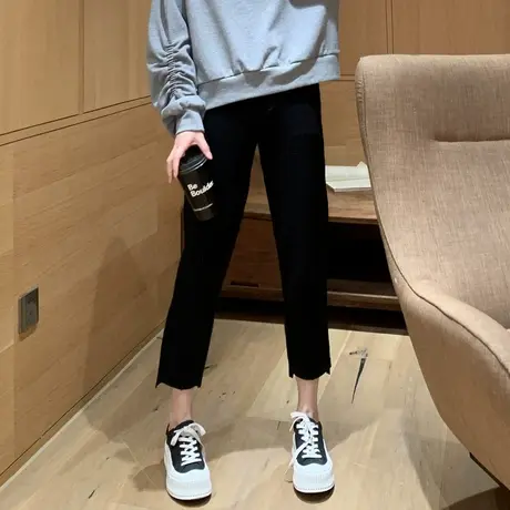 唐狮秋冬装新款百搭直筒休闲裤女黑色长裤呢裤显瘦韩版宽松潮商品大图