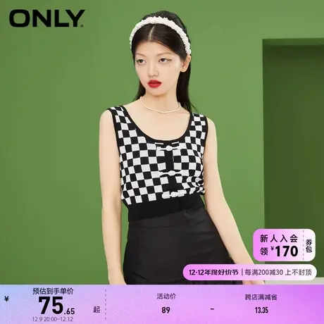 ONLY奥莱夏季百搭无袖棋盘格国风盘扣圆领短款针织衫女图片