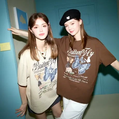唐狮宽松圆领短袖T恤女2024新款复古美式上衣设计感小众女12.11商品大图