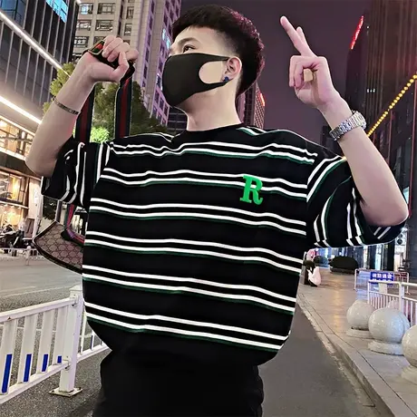 夏季宽松条纹短袖t恤男2023新款刺绣圆领半截袖痞帅潮流休闲半袖t商品大图