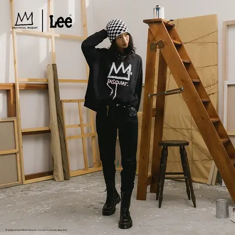 【Basquiat联名】Lee24早春新品413高腰小直脚黑色女牛仔裤潮流图片