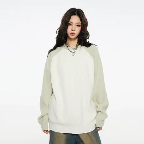 国潮简约宽松小众撞色圆领毛衣男冬季加厚套头内搭针织衫男士线衣商品大图