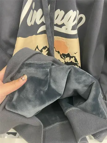 美式纯棉连帽卫衣女秋冬慵懒银狐绒复古印花加绒加厚外套宽松上衣商品大图