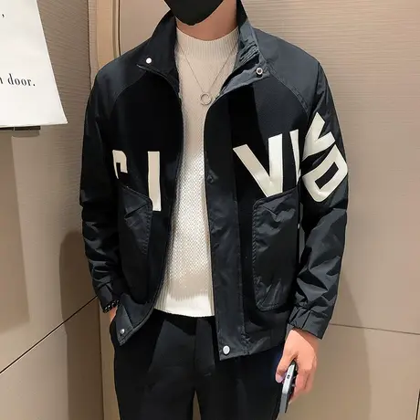 春秋季休闲外套字母印花拼接高级感2023简约夹克痞帅韩版休闲上衣商品大图