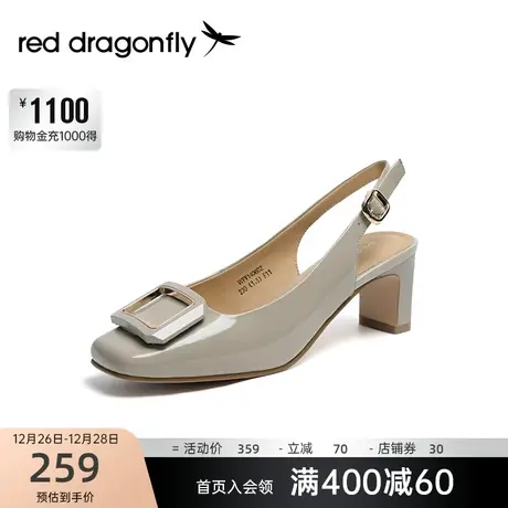 红蜻蜓粗跟凉鞋女2024年春季新款粗跟方头高跟鞋真皮方扣后空单鞋商品大图