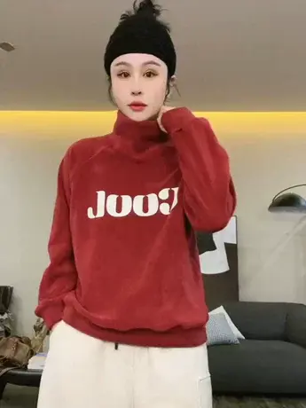 韩版秋冬奥粒绒字母高领卫衣加绒宽松套头休闲打底衫内搭上衣女潮商品大图