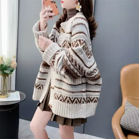 复古牛角扣加厚毛衣外套女春季2024新款宽松慵懒风奶fufu针织开衫商品大图