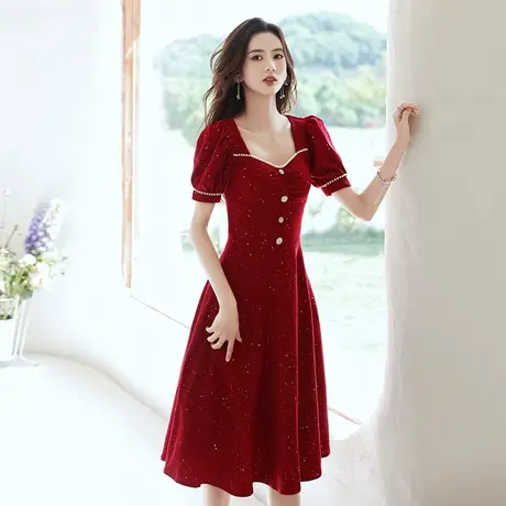 敬酒服新娘2023新款女夏季薄款方领气质订婚礼服回门酒红色连衣裙图片