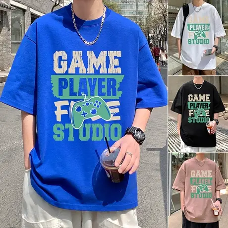 港风复古印花纯棉短袖T恤男夏季日系潮牌宽松cityboy五分袖上衣服商品大图