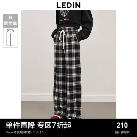 乐町休闲直筒格纹裤抽绳设计冬季新款女生休闲宽松阔腿裤商品大图