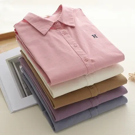 春秋季韩版简约刺绣宽松百搭磨毛纯棉长袖衬衫女学生休闲打底上衣商品大图