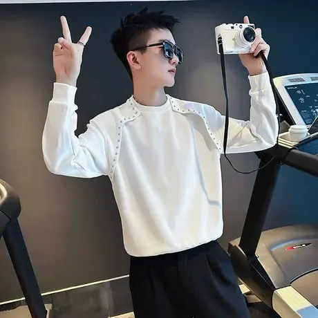 卫衣男春季新款个性拼接痞帅发型师圆领上衣重磅潮牌长袖T恤内搭商品大图