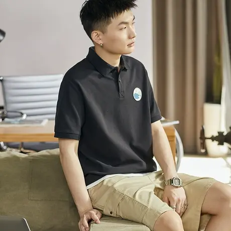 唐狮假两件polo衫夏季男士短袖有翻领t恤黑色男装衬衫宽松港风潮图片