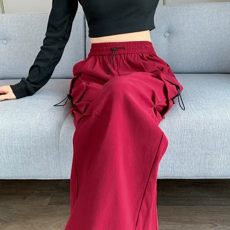 美式高街多口袋工装裤女春秋新款高腰直筒休闲拖地阔腿束脚运动裤图片