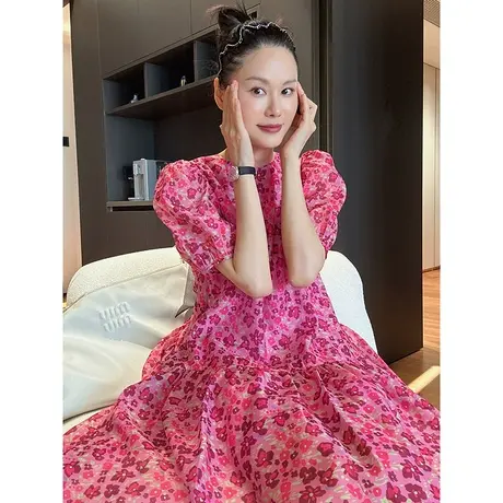 2024春夏新款女装泡泡袖印花宽松遮肚子显瘦圆领女士印花连衣裙女商品大图