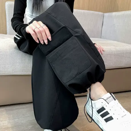 美式黑色工装裤女春秋高腰竖条纹休闲宽松运动束脚两穿灯笼阔腿裤商品大图
