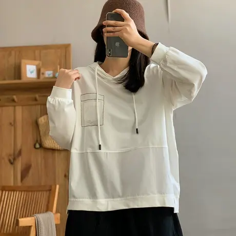 dza 复古短款纯色全棉口袋连帽卫衣女2024春新款宽松休闲长袖上衣图片
