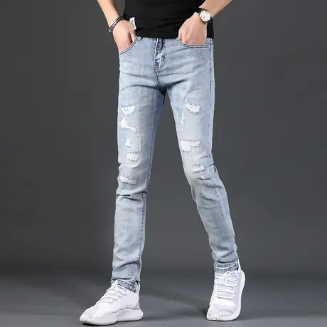 男生破洞牛仔裤修身直筒2023年新款浅色弹力牛仔长裤男士潮破乞丐商品大图