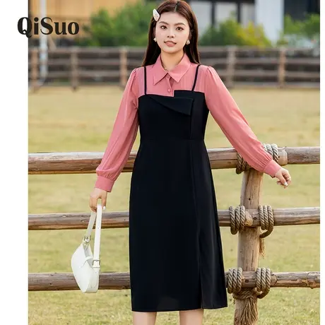 大码女装秋装新款假两件衬衫连衣裙收腰开叉气质显瘦胖MM大码长裙图片