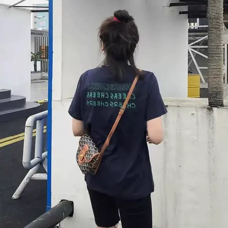 藏青色纯棉t恤女夏短袖中长款2024新款爆款韩版宽松百搭显瘦上衣商品大图