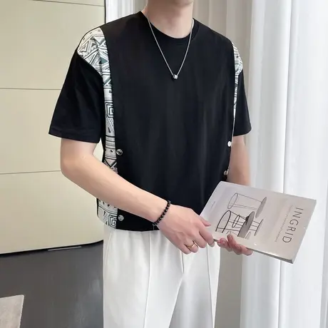 设计感印花拼接短袖T恤夏季假两件潮牌男装T恤半截袖痞帅半袖上衣商品大图